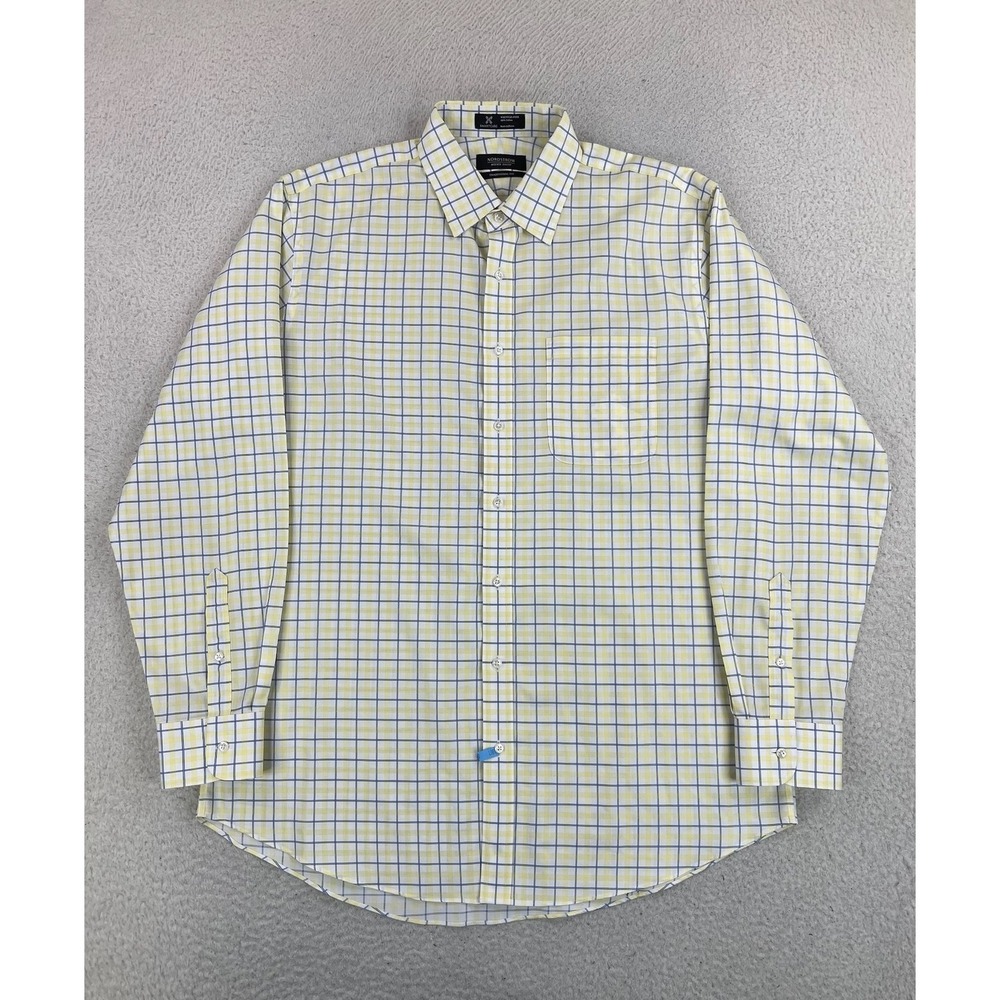 Nordstrom Dress Shirt Mens 16.5 34/35 Yellow Check Smartcare Wrinkle Free LS